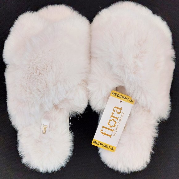 Flora by Flora Nikrooz Women’s Criss-Cross Fuzzy Slide Slippers Ivory - Picture 1 of 3